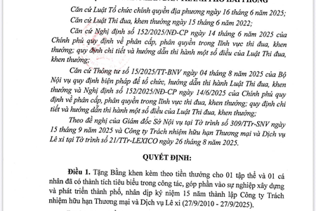 LEXICO 荣获海防市人民委员会主席颁发的表彰证书